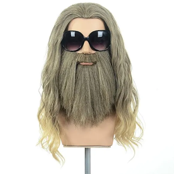 Lang krøllet blond brun herreparyk med overskæg Halloween Cosplay Kostumefest Paryk