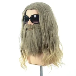 Lang krøllet blond brun herreparyk med overskæg Halloween Cosplay Kostumefest Paryk