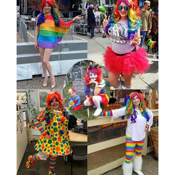 Lang krøllet Cosplay paryk med 2 hestehaler (regnbuefarve)