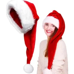 Lang Nissehue til Voksne Unisex, Blød Fløjl Julehue, Fluffy Hvid Pelskant, Lodden Nissehue til Julefest