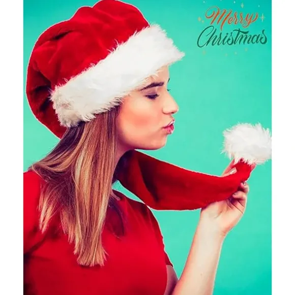 Lang Nissehue til Voksne Unisex, Blød Fløjl Julehue, Fluffy Hvid Pelskant, Lodden Nissehue til Julefest