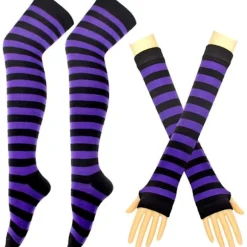 Lange Strikkede Handsker Knæhøje Stribede Strømper Leggings Udklædningstilbehør 2-pak, Sort og Lilla, One Size Lilla purple