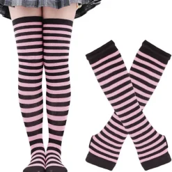 Lange Strikkede Vanter Knæhøje Stribede Strømper Leggings Udklædningstilbehør 2 Par Sæt, Sort og Lilla, One Size rosa-FY pink