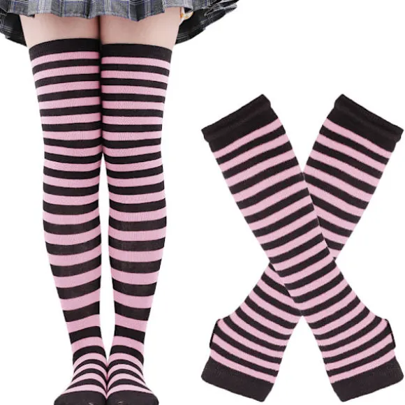 Lange Strikkede Vanter Knæhøje Stribede Strømper Leggings Udklædningstilbehør 2 Par Sæt, Sort og Lilla, One Size rosa-FY pink