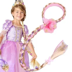 Langhåret prinsessehårstykke Lang 29" Cosplay flettede parykker til piger Prinsessekjole tilbehør Rapunzel pandebånd