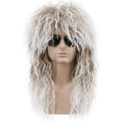 Langt Krøllet Brunt Hår Farvet Hvid Paryk til Mænd og Kvinder 70'er 80'er Rocker Mullet Fest Sjov Paryk Kostume Paryk