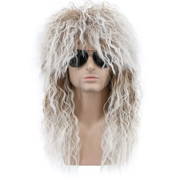 Langt Krøllet Brunt Hår Farvet Hvid Paryk til Mænd og Kvinder 70'er 80'er Rocker Mullet Fest Sjov Paryk Kostume Paryk
