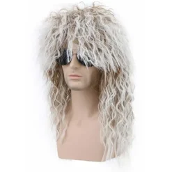 Langt Krøllet Brunt Hår Farvet Hvid Paryk til Mænd og Kvinder 70'er 80'er Rocker Mullet Fest Sjov Paryk Kostume Paryk