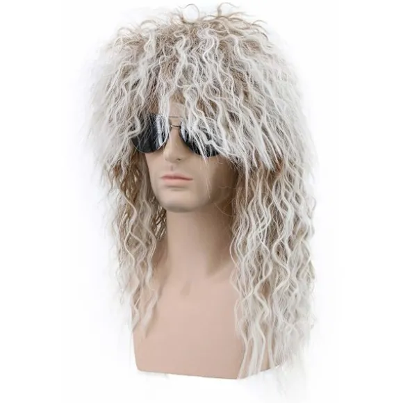Langt Krøllet Brunt Hår Farvet Hvid Paryk til Mænd og Kvinder 70'er 80'er Rocker Mullet Fest Sjov Paryk Kostume Paryk