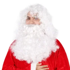 Langt krøllet hvidt hår, fest parykker, julemandsparykker, falsk skæg
