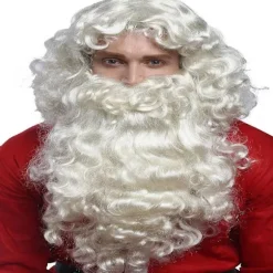 Langt krøllet hvidt hår, fest parykker, julemandsparykker, falsk skæg