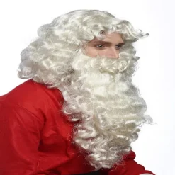 Langt krøllet hvidt hår, fest parykker, julemandsparykker, falsk skæg