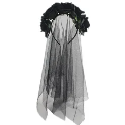 Langt slør, sort blomst Halloween pandebånd gotisk brude slør dag for de døde fest tilbehør voksen fancy dress hår tilbehør