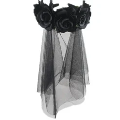 Langt slør, sort blomst Halloween pandebånd gotisk brude slør dag for de døde fest tilbehør voksen fancy dress hår tilbehør