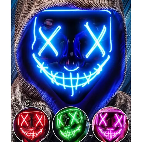 LED Halloween Maske med Horror-tema, Selvlysende Maske til Rollespil, LED Karnevalsmaske Kostume med 3 Lystilstande (Blå)
