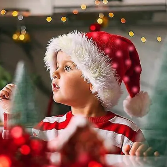 LED Hat sjov hat Plys Julemandshat Lysende Sjove Hatte til Børn Voksne Indbyggede Lys Rød Julemandshat Klassisk Cosplay Hat, Hat til Voksne, Børn