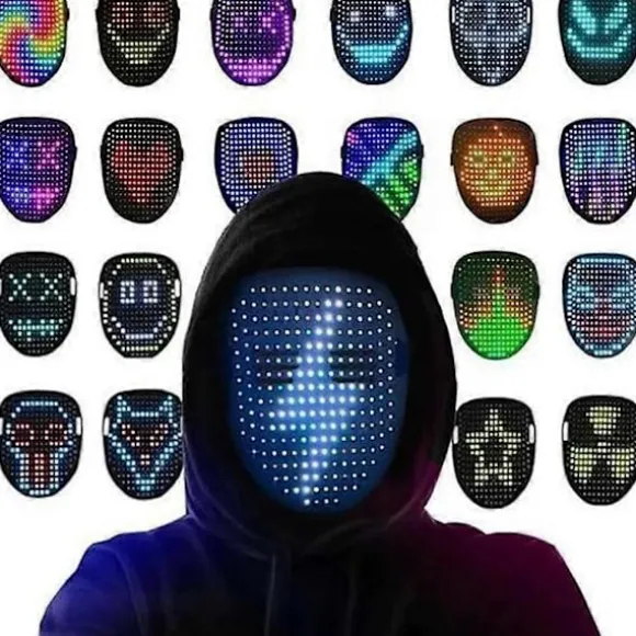 LED Selvlysende Maske med 50 Forudindstillede Mønstre, Skræmmende Skelet Ansigtsændrende Maske til Cosplay, Halloween & Kostumefester Black