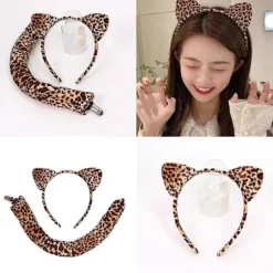 Leopardprint Katteører Pandebånd og Hale Sæt Blødt Polyester Rollespil Kostume Tilbehør til Børn Voksne Flerfarvet A
