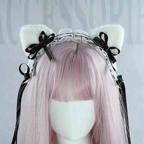 Lolita Katteører Diadem Stuepige Blonde Hår Fest Tilbehør Søde Hårbånd Sød Hårnål Sort pink