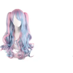 Lolita Lang Krøllet Clip-on Hestehale Cosplay Paryk, Dobbelt Hestehale Tiger Clip Lang Krøllet Paryk (Pink/Blå/Blond), CJY
