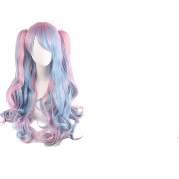 Lolita Lang Krøllet Clip-on Hestehale Cosplay Paryk, Dobbelt Hestehale Tiger Clip Lang Krøllet Paryk (Pink/Blå/Blond), CJY