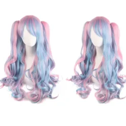 Lolita Lang Krøllet Clip-on Hestehale Cosplay Paryk, Dobbelt Hestehale Tiger Clip Lang Krøllet Paryk (Pink/Blå/Blond), CJY
