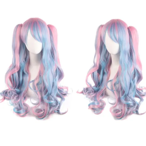 Lolita Lang Krøllet Clip-on Hestehale Cosplay Paryk, Dobbelt Hestehale Tiger Clip Lang Krøllet Paryk (Pink/Blå/Blond), CJY