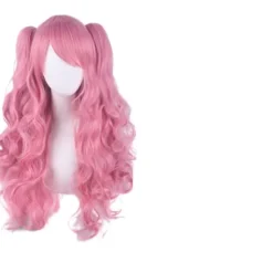 Lolita Lang Krøllet Clip-on Hestehaler Cosplay Paryk, Dobbelt Hestehale Tiger Clip Lang Krøllet Paryk (Pink)