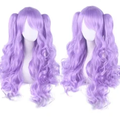 Lolita Lang Krøllet Clip-On Hestehale Cosplay Paryk, Dobbelt Hestehale Tiger Clip Lang Krøllet Paryk (Lys Lilla), CJY