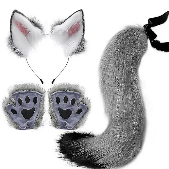 Lolita Simulation Beast Claw Plys Fox Ører Pandebånd Kunstig Pels Lang Hale Pote Cosplay Rekvisitter Halloween Fest Tilbehør Sæt Grey