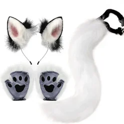 Lolita Simuleringsdjur Klo Plys Rävöron Pandebånd Fuskpels Lang Hale Pote Cosplay Rekvisit Halloween Fest Tilbehør Sæt White