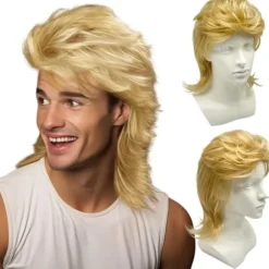 Lys Blond Hestehale Herre 80'er Rock Paryk (Voksenstørrelse) - Lang Krøllet Paryk til 70'er Kostumer, Karneval og Halloween-AD10-,CJY