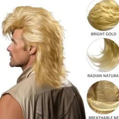 Lys Blond Hestehale Herre 80'er Rock Paryk (Voksenstørrelse) - Lang Krøllet Paryk til 70'er Kostumer, Karneval og Halloween-AD10-,CJY