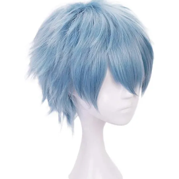 Lyseblå Parykker til Drenge Kort Bølget Paryk Blå Cosplay Paryk til Halloween Syntetisk-lingling} Light Blue -
