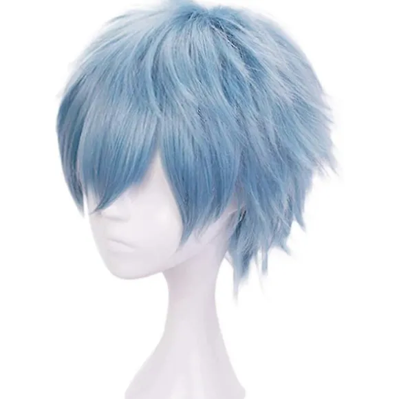 Lyseblå Parykker til Drenge Kort Bølget Paryk Blå Cosplay Paryk til Halloween Syntetisk-lingling} Light Blue -