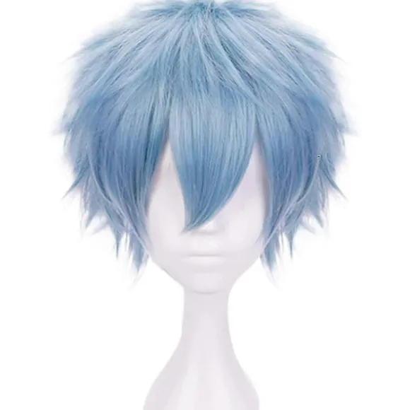 Lyseblå Parykker til Drenge Kort Bølget Paryk Blå Cosplay Paryk til Halloween Syntetisk-lingling} Light Blue -
