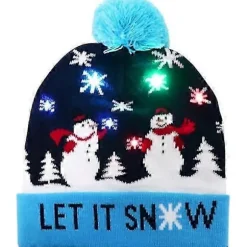 Lysende julehue, unisex strikket julehat med hjorteprint til fest (blå)CJY female adult