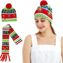 Lysende Julemandshue og Halstørklæde Sæt Stilfuldt Julehovedbeklædning Festligt Juletilbehør til Børn og Voksne Multicolor
