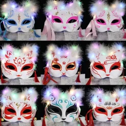 Lysende LED Ræv Maske Japansk Cosplay Blinkende Gløder Mørke Øjne Maske Rave Kostume Anime Halv Ansigt Katte Maske Maskerade Fest Rekvisitter 13