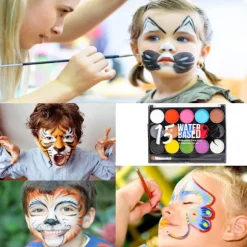 Makeup Palette til Børn, 15 Farver Ansigt- og Kropsmaling Sæt med 1 Børste til Børn, Fest, Halloween, Cosplay