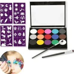 Malet pigment makeup ansigtsmaling - 15 farver ansigtsmaling (inklusive 2 makeupbørster) + 4 lilla skabeloner (farveboks)