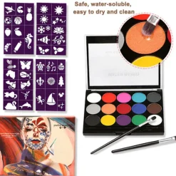 Malet pigment makeup ansigtsmaling - 15 farver ansigtsmaling (inklusive 2 makeupbørster) + 4 lilla skabeloner (farveboks)