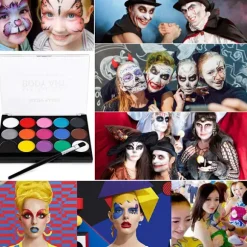 Malet pigment makeup ansigtsmaling - 15 farver ansigtsmaling (inklusive 2 makeupbørster) + 4 lilla skabeloner (farveboks)