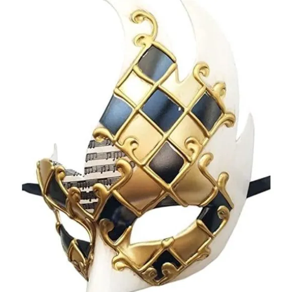 Maskerademaske til mænd (Guld/Sort), Vintage Venetiansk Plaid Mardi Gras Musikalsk Festmaske