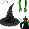Med heksehat, troldmandsbriller og grønne klohandsker, Halloween-kostume til karneval Halloween-fest Cosplay til voksne kvinder