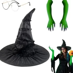 Med heksehat, troldmandsbriller og grønne klohandsker, Halloween-kostume til karneval Halloween-fest Cosplay til voksne kvinder