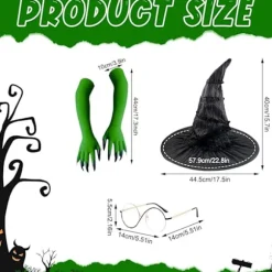 Med heksehat, troldmandsbriller og grønne klohandsker, Halloween-kostume til karneval Halloween-fest Cosplay til voksne kvinder