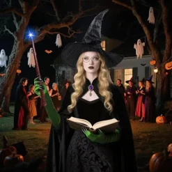Med heksehat, troldmandsbriller og grønne klohandsker, Halloween-kostume til karneval Halloween-fest Cosplay til voksne kvinder