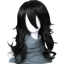 Mellemlang bølget anime cosplay paryk til mænd, cosplay paryk til Halloween (sort bølget)