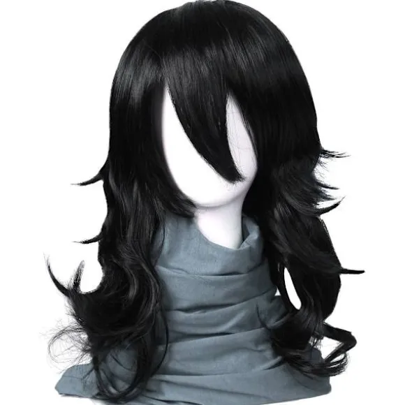 Mellemlang bølget anime cosplay paryk til mænd, cosplay paryk til Halloween (sort bølget)